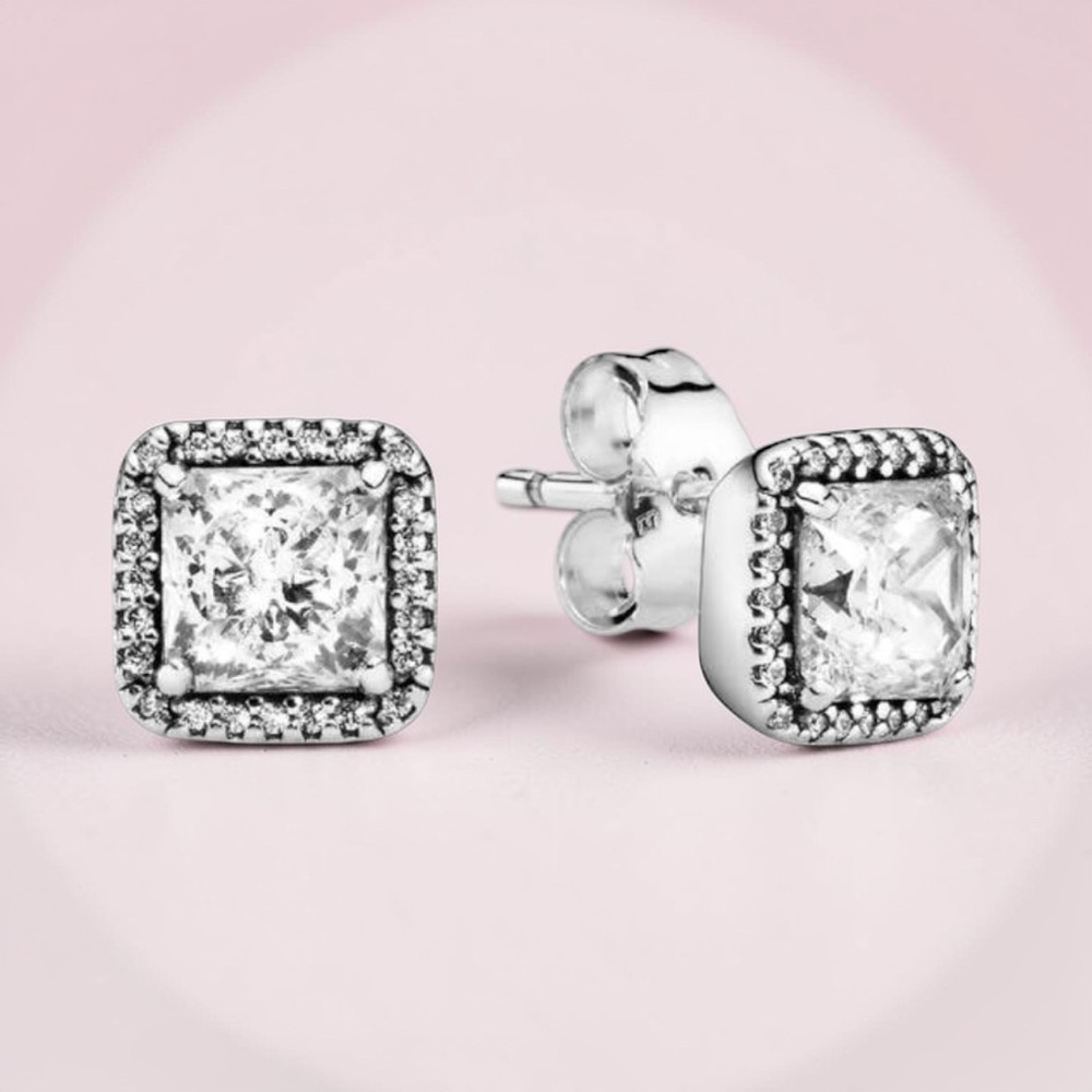 Pandora Sterling Silver With CZ Stones Square Sparkle Halo Stud Earrings